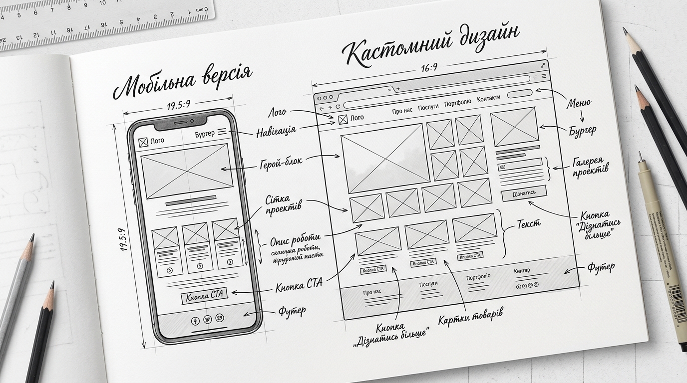 A high-end UI/UX digital sketch of a smartphone and desktop screen layout,